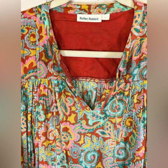 Roller Rabbit Orange Teal Rodez Serafina Boho Tassel Trim Relaxed Fit Tunic L - Picture 6 of 14
